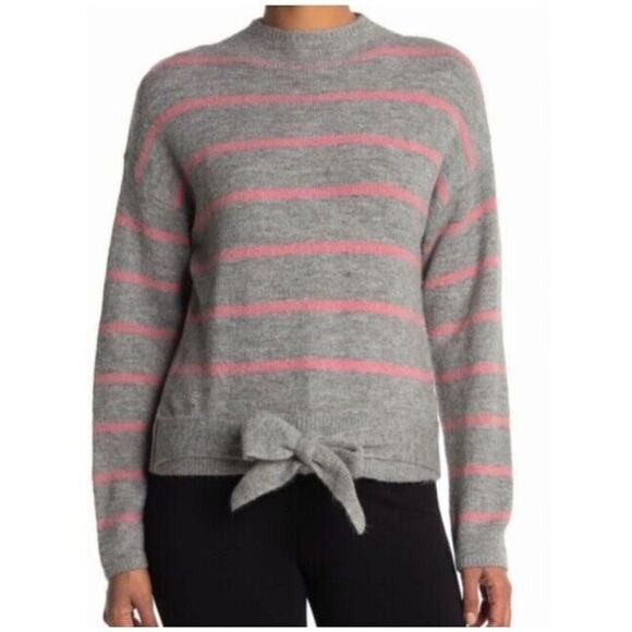WAYF NEW $59 Mock Neck Tie-Waist Sweater in Gray Pink Stripe Large - Picture 1 of 3